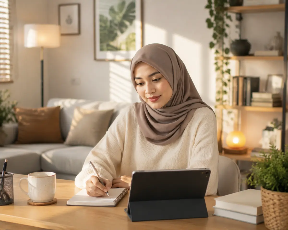 Perempuan berhijab belajar menggunakan tablet dari rumah