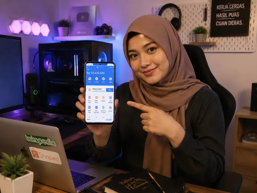 Perempuan Muslim Indonesia menunjukkan ponsel saat mengelola pekerjaan marketplace