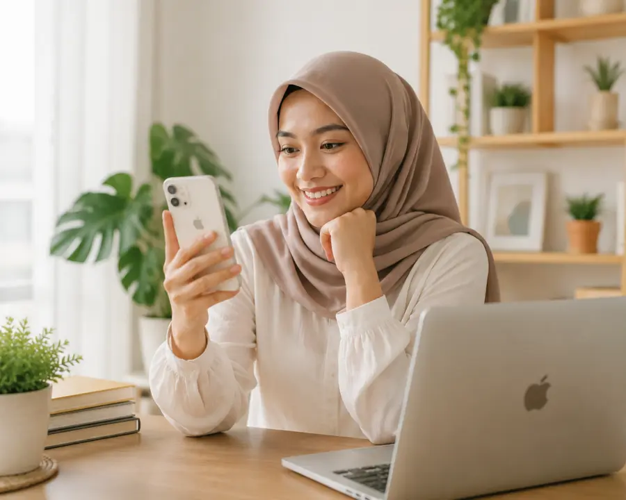 Perempuan Muslim Indonesia menggunakan ponsel dan laptop untuk dukungan pelanggan online