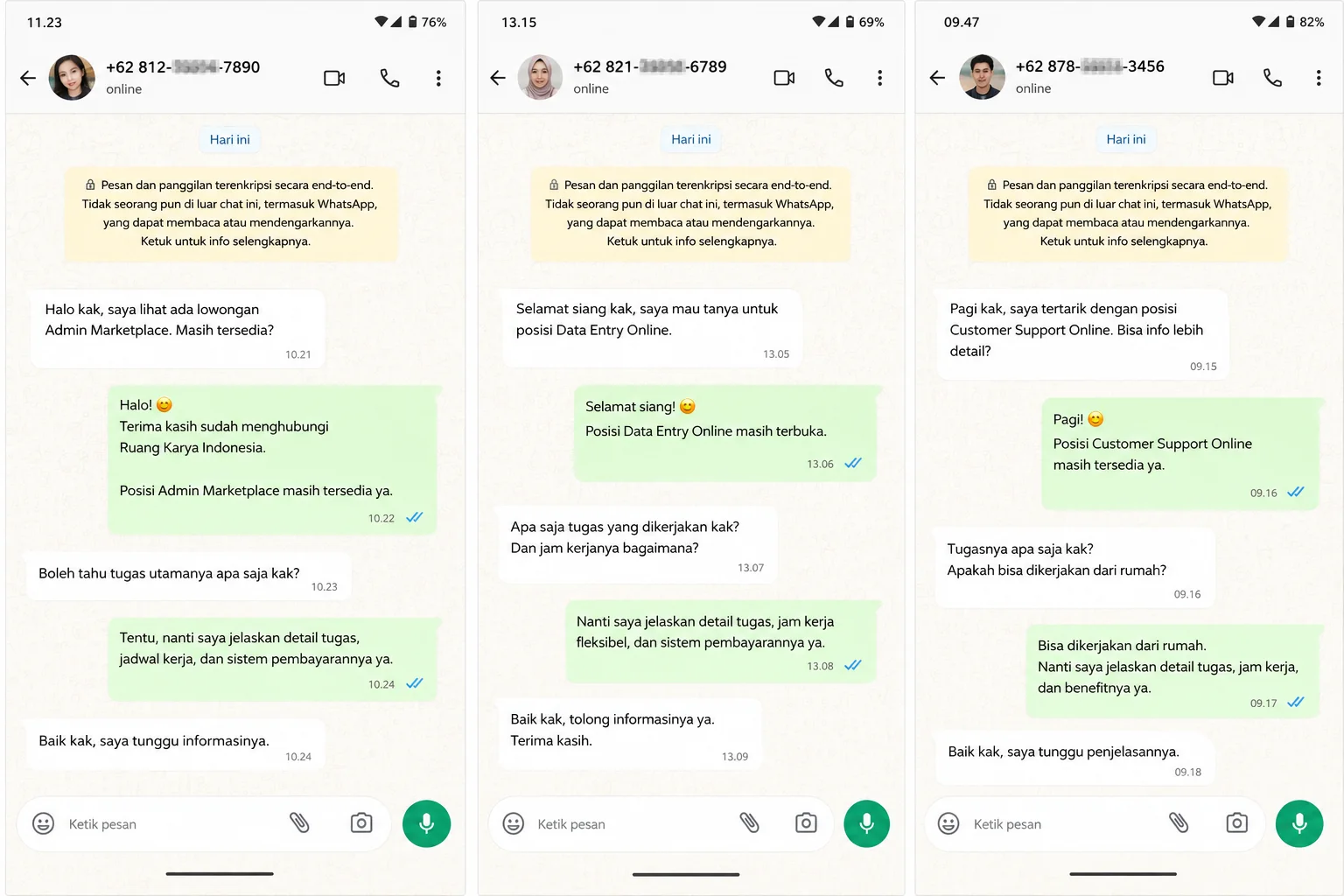 Gambaran percakapan WhatsApp calon pelamar dengan admin rekrutmen