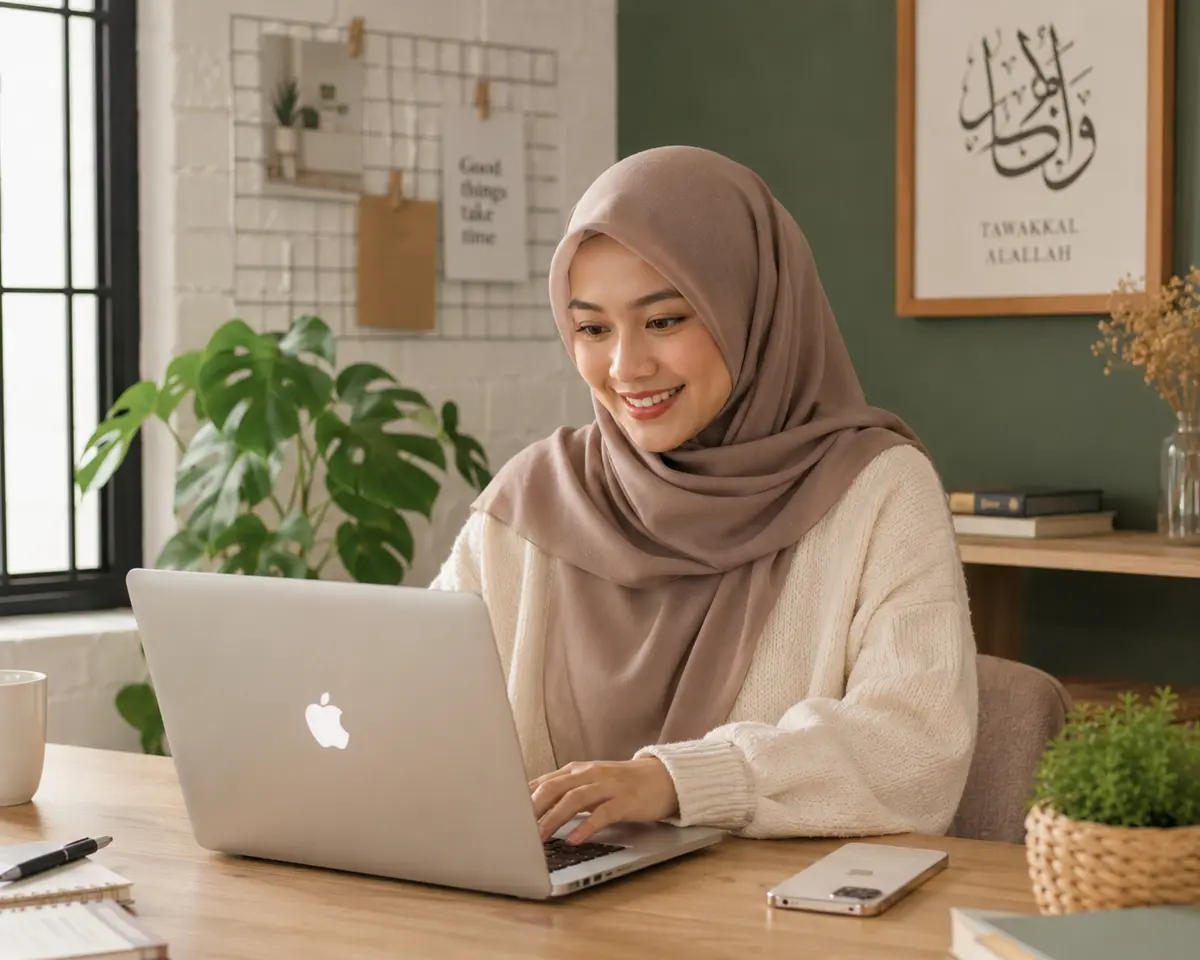 Perempuan berhijab bekerja dengan laptop di ruang yang nyaman